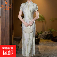 金狐貍春夏改良旗袍-高開(kāi)衩短袖旗袍-自信中青女性新款氣質(zhì)旗袍時(shí) 淺綠色 杭錦繡&927 2XL 建議150-165斤