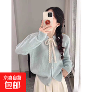 錦裳淑秋冬蕾絲蝴蝶結新款軟糯甜美韓系毛衣針織衫女系帶單排扣顯 藍色 XL