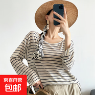 弛感亞麻天絲露背條紋針織衫女夏寬松顯瘦長袖上衣G073106DYS 谷物駝 均碼