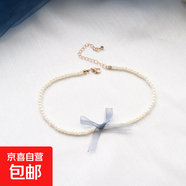 日韓甜美少女霧霾灰藍(lán)色蕾絲蝴蝶結(jié)愛心項鏈CHOKER頸鏈短款鎖骨鏈 藍(lán)絲帶珍珠鏈鎖骨鏈