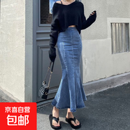 牛仔半身裙女夏小個(gè)子新款高腰顯瘦荷葉邊開(kāi)叉辣妹a字包臀魚(yú)尾裙 藍色 M