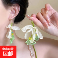 銀針超仙氛圍感網(wǎng)紗彩花珍珠耳環(huán)森系百搭耳墜少女心甜美清新耳飾 15#耳鉤-綠色