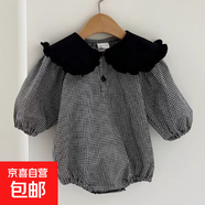衣念你韓版ins黑色色翻領(lǐng)娃娃裝女寶寶長(cháng)袖三角哈衣春秋款純色格 格子 66cm