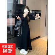 2025新款法式御姐蕾絲邊紫色連衣裙女冬季修身加絨內(nèi)搭包臀裙長裙 黑色 L 【建議110-120斤】