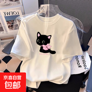 女童裝純棉白色短袖T恤夏季韓版寬松中大童洋氣時尚百搭兒童上衣 白色-可愛貓咪 160