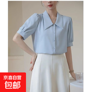法式襯衫雪紡短袖上衣女夏季職業(yè)裝通勤設(shè)計感上衣面試穿搭 淺藍(lán)色 AB-CD8 2XL