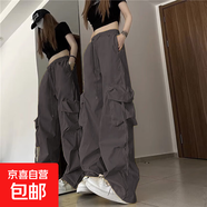 美式復(fù)古小眾工裝褲女立體口袋高腰直筒闊腿飄帶寬松休閑拖地長(zhǎng)褲 深灰色 2XL