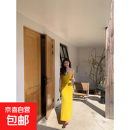 2025夏季紙片人超顯瘦掛脖長裙連衣裙姜黃色背心裙 圖片色 L