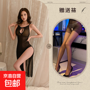 新款性感辣妹鏤空顯瘦中長(cháng)款連衣裙內袍睡衣高腰開(kāi)衩 黑色+黑開(kāi)襠襪  556 均碼