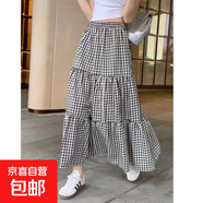 格子長裙女夏季高腰大擺型傘裙a字中長顯瘦復古方格半身裙子 黑色(整件燙) 2XL 【建議130-140斤】