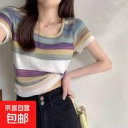 彩虹條紋方領(lǐng)短袖t恤女正肩夏季2025年新款薄款冰絲針織短款上衣 黃色 均碼 80-120斤選