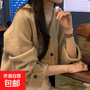 法式圓領系帶針織衫毛衣女春秋新款時尚氣質開衫長袖外套洋氣上衣 4023卡其 XL  【建議121斤-135斤】