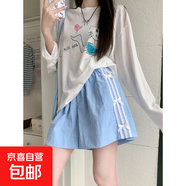 蝴蝶結運動(dòng)短褲女夏季薄款2025年新款外穿速干闊腿休閑條紋五分褲 韓依社-TK2089【藍色】 M