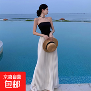 抹胸黑白撞色百褶長裙海邊度假風高腰顯瘦長裙 黑白 L