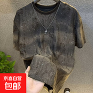 網(wǎng)紅滿天星圓領重工燙鉆t恤男短袖潮牌ins精神社會小伙半袖T恤衫 KCJD-M51 咖啡色 L