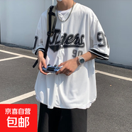 開(kāi)衫印花短袖T恤男女夏季ins港風(fēng)復古棒球服襯衣寬松五分半袖體恤 白色 【優(yōu)質(zhì)款】 L 建議【100-120】斤