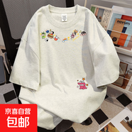 美式純棉重磅圓領短袖T恤女2024夏季新款蠟筆小新寬松情侶上衣潮 白灰色【220g精梳純棉】 2XL