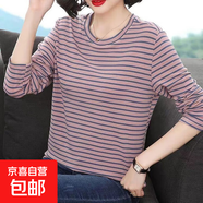 條紋t恤女寬松大碼長袖上衣韓版百搭顯瘦體恤春秋胖mm打底衫ZHFS 粉條紋 M