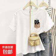 【100%純棉】正肩短袖t恤女裝新款夏季ins時(shí)尚百搭洋氣減齡上衣潮 白色-左胸口袋黑貓 M （建議85-105斤）
