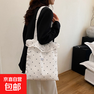 韓國ins褶皺荷葉邊手提帆布袋甜美可愛(ài)文藝單肩包女大容量托特包 白色