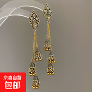 銀針鑲鉆菱形鈴鐺流蘇耳環(huán)復(fù)古民族風(fēng)耳釘時尚輕奢耳飾小眾高級感 銀針-金色