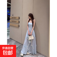 法式藍(lán)色吊帶連衣裙女夏季蝴蝶結(jié)溫柔風(fēng)中長裙子修身收腰顯瘦短裙 淺藍(lán)色 S 【建議90-100斤】