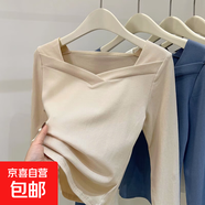 設計感方領(lǐng)長(cháng)袖t恤女德絨加厚加絨顯瘦體恤打底衫女內搭秋冬966 卡其色 莫代爾薄款 M 參考95-105斤