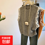 復古蕾絲拼接無(wú)袖針織馬甲背心女春秋圓領(lǐng)寬松慵懶風(fēng)洋氣毛衣上衣 2815灰色 XL 【建議121斤-135斤】