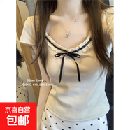 法式減齡蕾絲拼接短袖t恤女春夏2025修身短款方領(lǐng)設計感正肩上衣 杏色 均碼 建議80-125斤