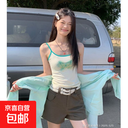 韓系正恩 蝴蝶結(jié)印花吊帶背心女夏季百搭辣妹修身短款打底衫上衣 綠色多巴胺印花蝴蝶結(jié)吊帶 S