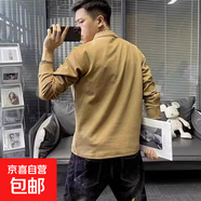 歐洲站秋冬新款帥氣衛(wèi)衣T男潮休閑簡(jiǎn)約純色刺繡潮男亨利領(lǐng)長(zhǎng)袖T恤 卡其色 加絨 2XL