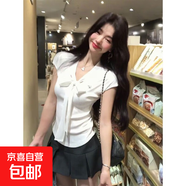 韓系設計感蝴蝶結顯瘦別致絕美系帶v領(lǐng)短袖T恤女夏季修身短款KXW 【韓系甜美】白色 M 【90-105斤】