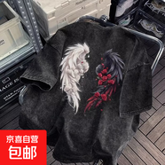 復古重磅短袖t恤男士夏季美式潮牌流寬松男款夏天潮流半袖上衣服 黑灰色 ZS168 2XL (建議體重130-145斤左右）