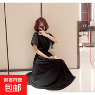 中袖連衣裙大裙擺少女2025韓版五分袖收腰長(cháng)款裙子高腰圓領(lǐng)小黑裙 黑色 L 【建議100-115斤】