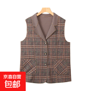 媽媽春秋時(shí)尚格子馬夾中老年女裝翻領(lǐng)洋氣中長(cháng)款馬甲毛呢減齡顯瘦 綠色細條格 4XL 【135-150斤】