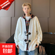 毛衣男士秋季高端連帽麻花開衫潮牌痞帥假兩件格子線衣針織衫外套 白色 3XL