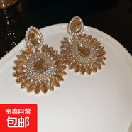 銀針滿(mǎn)鉆超閃水滴形花朵耳釘歐美夸張大氣耳環(huán)復古氣質(zhì)耳飾高級感 銀針-金色-黃色
