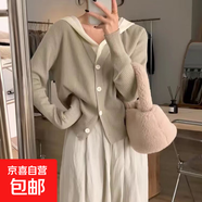 韓系甜美拼接假兩件針織開(kāi)衫女春秋小眾簡(jiǎn)約百搭顯瘦連帽毛衣外套 1638卡其 L  【建議111斤-120斤】