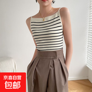 6263#夏季新款港味復古風(fēng)條紋一字領(lǐng)露背修身顯示吊帶背心上衣女 杏色 S