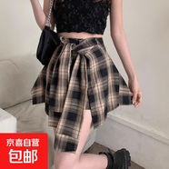 復(fù)古假兩件短褲裙子不規(guī)則格子休閑半身裙女高腰辣妹夏季2025新款 黃色/自帶內(nèi)襯 S
