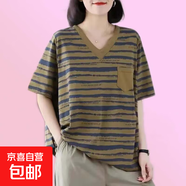大碼顯瘦復古條紋短袖上衣百搭女V領(lǐng)休閑百搭寬松文藝簡(jiǎn)約夏T恤女 土黃條 4XL