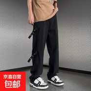 美式高街綁帶工裝褲子男春秋季潮牌設(shè)計感直筒闊腿褲港風復(fù)古休閑 黑色 常規(guī) 高品質(zhì) XL 建議125-140斤
