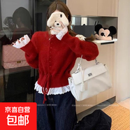 錦裳淑韓系甜美荷葉邊蕾絲拼接毛衣系帶收腰設計寬松針織開(kāi)衫毛衣 正紅色 均碼 建議80-145斤