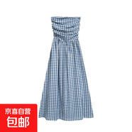 格子抹胸裙一字肩連衣裙女夏季法式氣質(zhì)設計感收腰海邊度假長(cháng)裙子 藍色 L 【建議110-120斤】