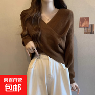 純欲風(fēng)交叉設計感毛衣女韓版寬松慵懶v領(lǐng)短款針織衫上衣秋冬新款 2692咖啡 M  【建議96斤-110斤】