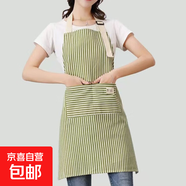 卡慕樂(lè )圍裙家用工作時(shí)尚條紋棉麻圍裙家用工作服 廚房罩衣 綠色 均碼