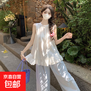 法式甜美荷葉邊寬松背心襯衣女夏海邊度假風(fēng)荷葉邊圓領(lǐng)無袖掛脖女 白色 L
