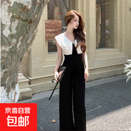 黑色撞色高腰顯瘦闊腿連體褲氣質(zhì)輕奢百搭闊腿褲夏季連衣褲D2098 白色 2XL 【130-145斤】