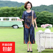 小個(gè)子?jì)寢屜难b短袖套裝加大碼60多歲70中老年人老太太奶奶衣服女 藍(lán)色 6XL 185-210斤