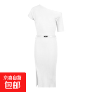 御姐風(fēng)粉色斜肩短袖連衣裙女夏季針織裙修身收腰開(kāi)叉裙子包臀長(zhǎng)裙 白色(配腰帶) 均碼